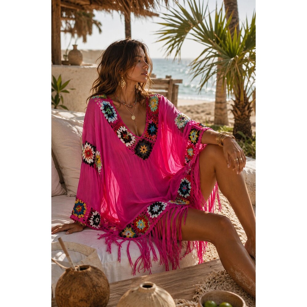 ASHA Pink Crochet Fringe Beach Cover Up Kaftan Boho Resort One Size